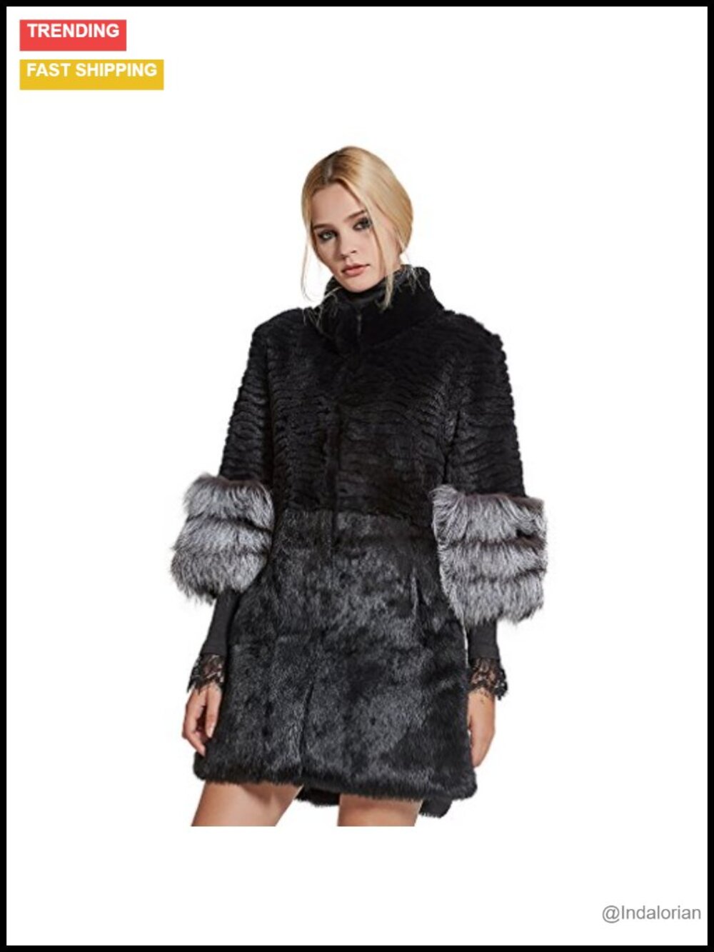 Genuine Rabbit Fur Coat with Silver Fox Fur Cuffs Warm Winter Overcoat